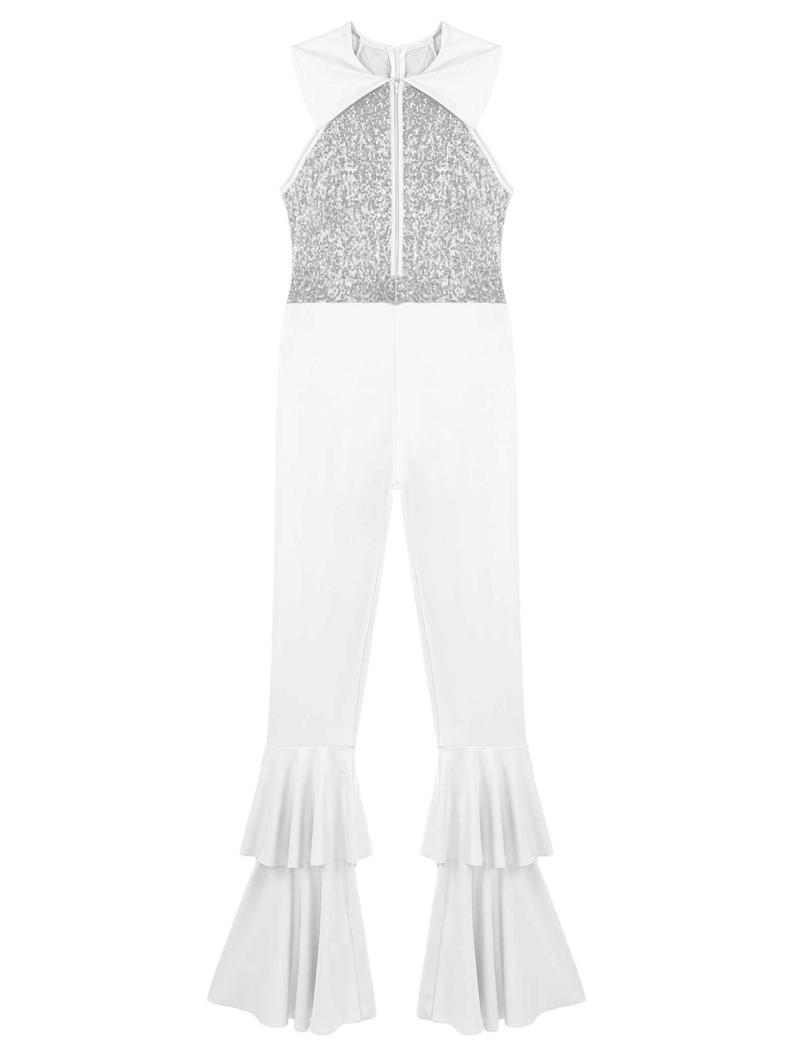 Hedmy Mono Lentejuelas de Baile para Mujer sin Manga de Enterizo Acampanado con Cremallera y Solapa Disfraz de Diva Disco Style para Fiesta Actuación S-4XL