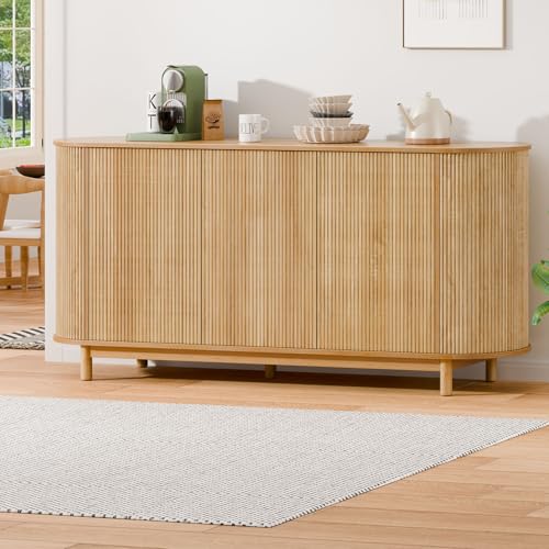 ALFORDSON Fluted 3-Door Buffet Sideboard, 160Wx 40Dx 75Hcm, Oval Edges, Adjustable 6 Tiers Shelves, Hallway Table Storage Cabinet Pantry Cupboard Credenzas, Kitchen Living/Dining Room Furniture,Wood