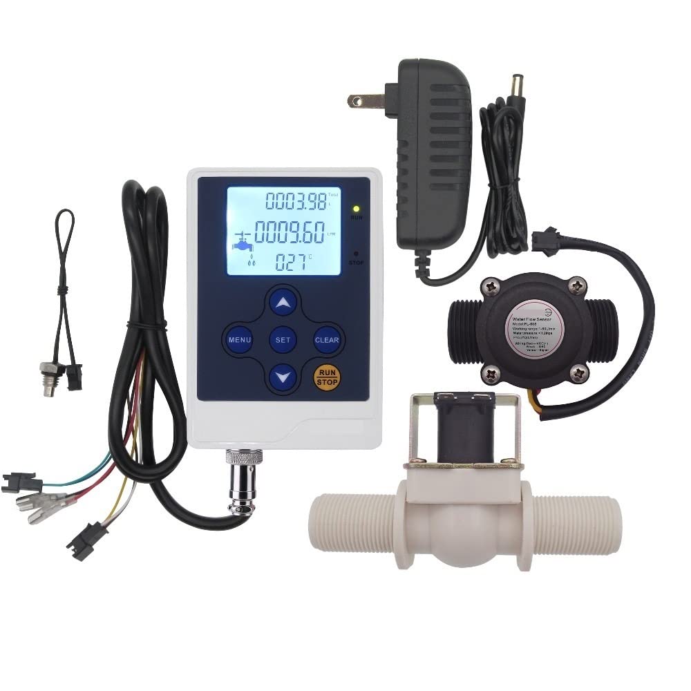 Control de flujo agua Medidor digital LCD Pantalla tasa volumen + sensor G3 / 4 "+ Válvula solenoide