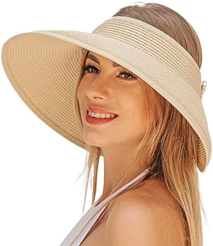Sun Visor Hats for Women, Wide Brim Straw Sun Hats Topless Roll Up Adjustable Beach Hat for Beach Travel Holiday (Beige)