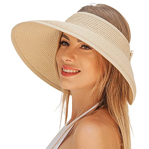 Sun Visor Hats For Women, Wide Brim Straw Sun Hats Topless Roll Up Adjustable Beach Hat For Beach Travel Holiday (Beige) #TOP2