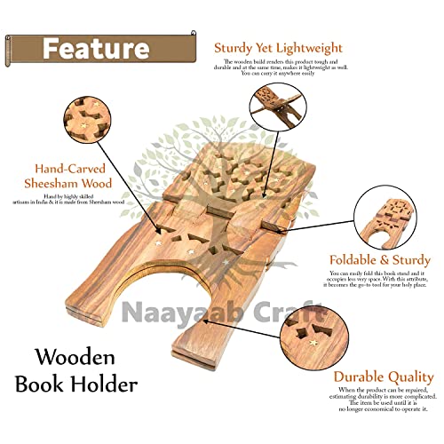 Image of Naayaab Craft Handmade & Handcraft Rehal Sheesham Wood Holy Book Stand Holder for Bible, Geeta, Quran in Folding and Carved Design Book Holder Display Stand - Size (15 Inch)