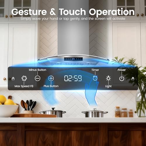VENFAN 30 inch Wall Mounted Range Hood, 1200 CFM Kitchen Hood with Energy Saving DC Motor, 8-Speed Fan, Ducted/Ductless Convertible, Memory Function & Delay Shutoff, Tempered Glass - 5