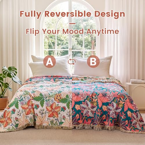 Image of MSGKV Boho Throw Blanket 60 inchx80 inch Fall Cotton Floral Blanket for Twin