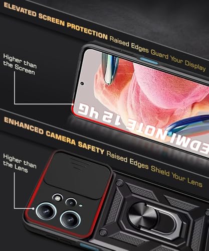 Image of WOW IMAGINE Tough Armor Bumper Mobile Back Case for Redmi Note 12 4G | Sliding Camera Shield Cover | Shock Proof 360 Protection | Hybrid PC + TPU | Ring Holder with Kickstand - Black