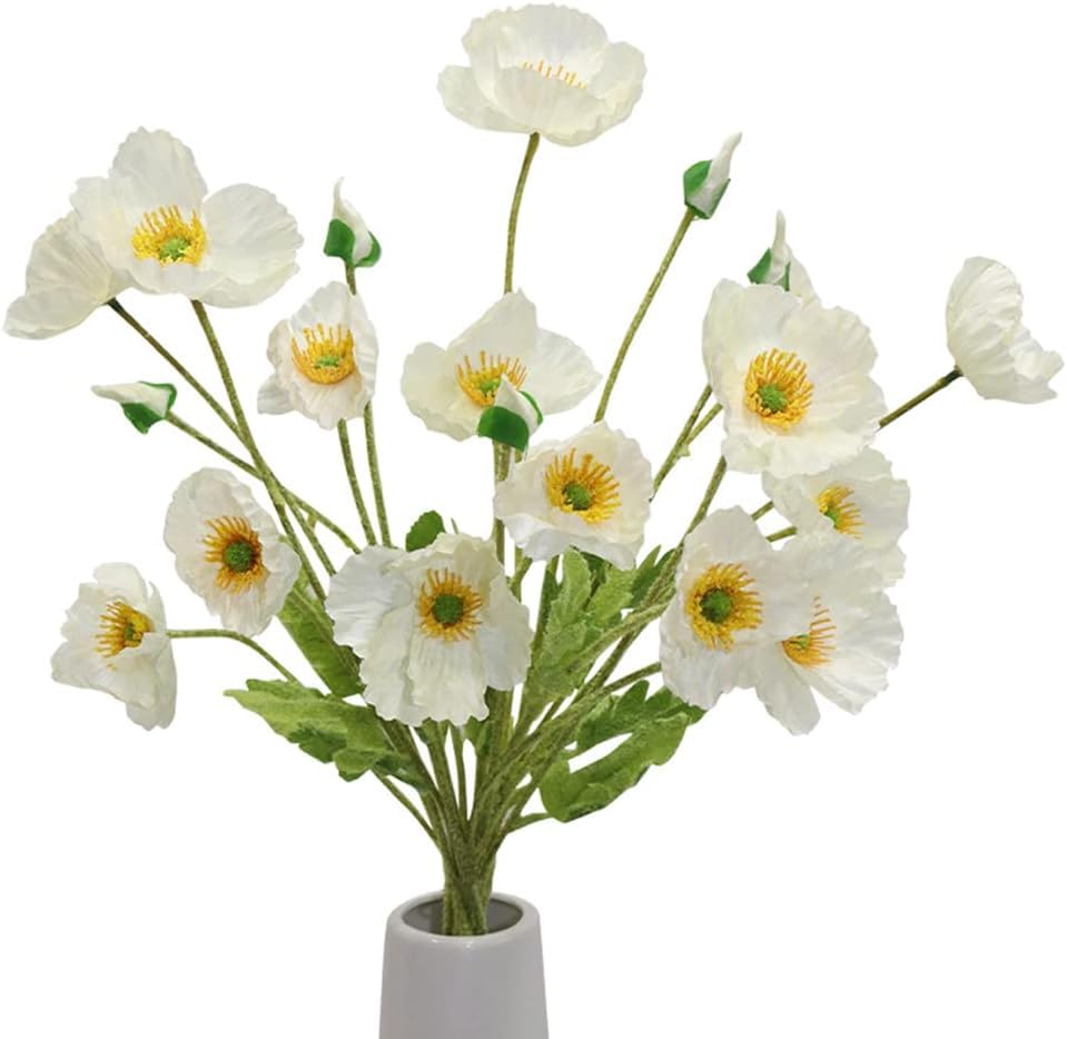 TFixol 5 Pack A ficial Poppy Flowers Silk Poppy Flowers with Stems A ficial Flowers Home Decor Bouquet Table Decoration, Silk Flower Ar ment Wedding Par Decoration White 6 pack