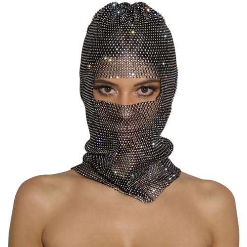 PartyArt Women's Personalized Hood Super Flash Rhinestone Face Kini Fashion Sunscreen Diamond Full Cover Mask