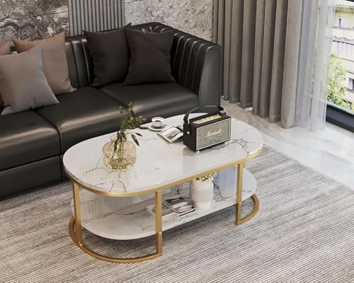 Image of Modern Large Coffee Table Center Table, Beautiful Sofa Table Simple Design - 2 Tier Nesting Coffee Table Living Room Table for Home,& Office (White & Gold)