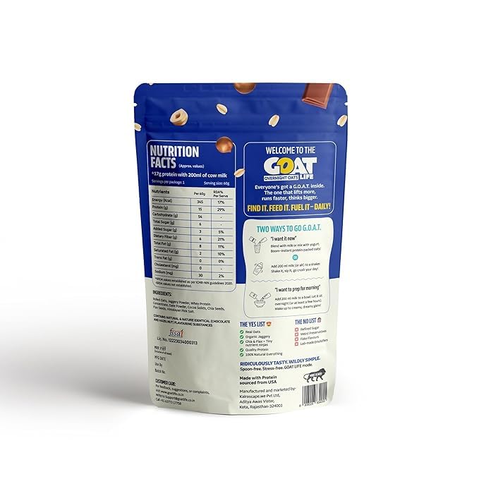 Image of GOAT Life Overnight Oats | 10g Protein | High Fibre | Nutrient-Rich | No Sugar | Supports Weight Management & Muscle Recovery | Instant Breakfast (Choco Hazelnut, Pack of 7)