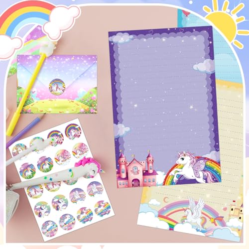 Image of TaoBary 160 Pcs Unicorn Theme Stationery Paper and Envelopes Set 50 Double Sided Lined Stationery Paper with 50 Matching Envelopes and 60 Round Dot Sticker 5.5 x 8.25'' Letter Writing Kit, 10design