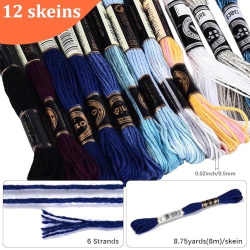 Image of 12 Skeins 105 Yards 6 Ply Embroidery Floss Blue Gradient Friendship Bracelet Variegated String Cord Mixed Color Cross Stitch Gradient Yarn Thread Set for Sewing Making Jewelry DIY Crafts