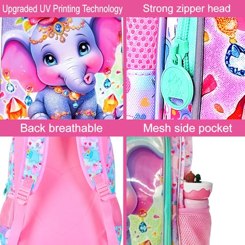 Image of 3Pcs Backpack for Girls, 16 inch Kids Bookbag with Lunch Box,Elephant School Backpacks for Elementary Preschool Kindergarten (Pink)