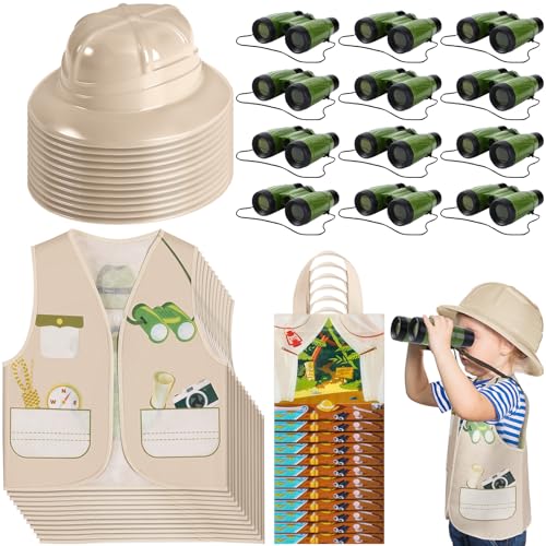 Haysandy 48 Pcs Kids Explorer Costume Set Include Plastic Explorer Safari Hats Jungle Party Vest Safari Tote Bag Adventure Binoculars for Kids Activities Jungle Zoo Birthday Party Supplies Favors