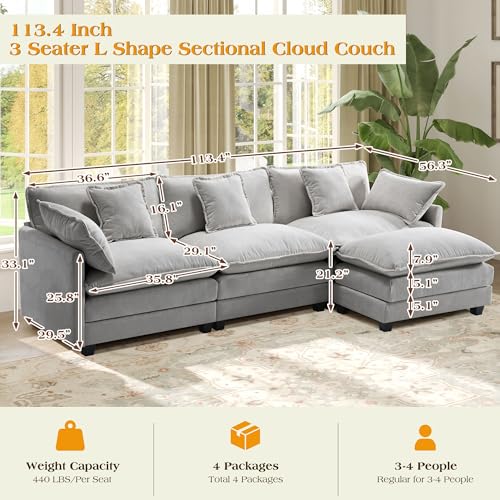 Image of 113.4 inch Modular Sectional Sofa,L Shaped Couch for Living Room,Modern Deep Seat Sofa 3 Seater Chenille Fabric Comfy Cloud Couches with Throw Pillows & Movable Ottoman
