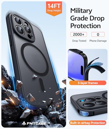 Image of FNTCASE for iPhone 14 Pro Case: [Compatible with Magsafe] Translucent Matte Cases with [Full Camera Protection] [Screen Protector] Military Grade Shockproof Protective Phone Cover - Black