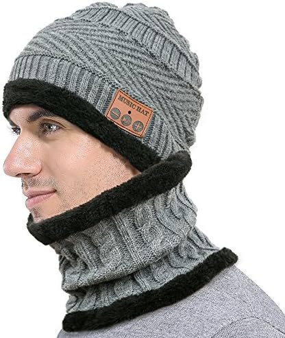 Wireless Bluetooth Beanie Music Warm Knitted Hat and Scarf Set with Stereo Headphone Headset Speaker Mic Hands-Free for Men Women Fitness Outdoor Sport Jogging Skiing Hiking (Grey1)