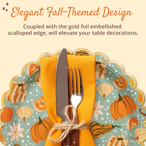 Image of Confettiville Thanksgiving Paper Plates, 50-Count Disposable Thanksgiving Dinner Plates, Scalloped, Party Supplies, Pumpkins, Mint Green