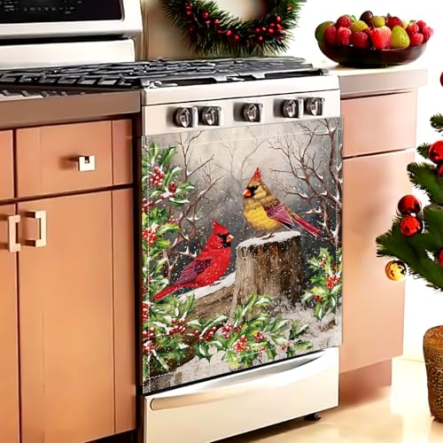 Image of Christmas Cardinals Dishwasher Magnet Cover, 23x26In Winter Birds Dishwasher Magnet Sticker for Holiday Decoration Funny Dish Washer Magnetic Cover Kitchen Fridge Panel Decal