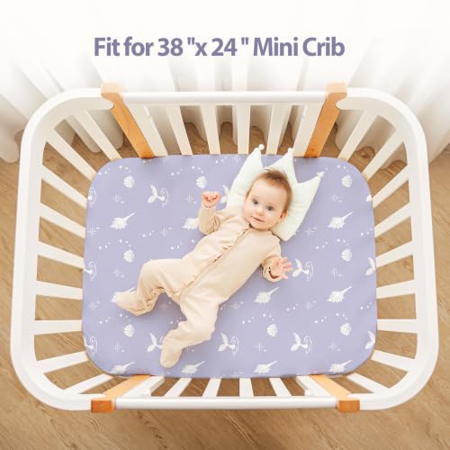Image of Baby Mini Crib Sheets Girl, Portable 38 inchx26 inch Pack and Play Sheets Fitted for Playard and Pack N Play Mattress, 3-Pack Soft Microfiber Purple Mermaid