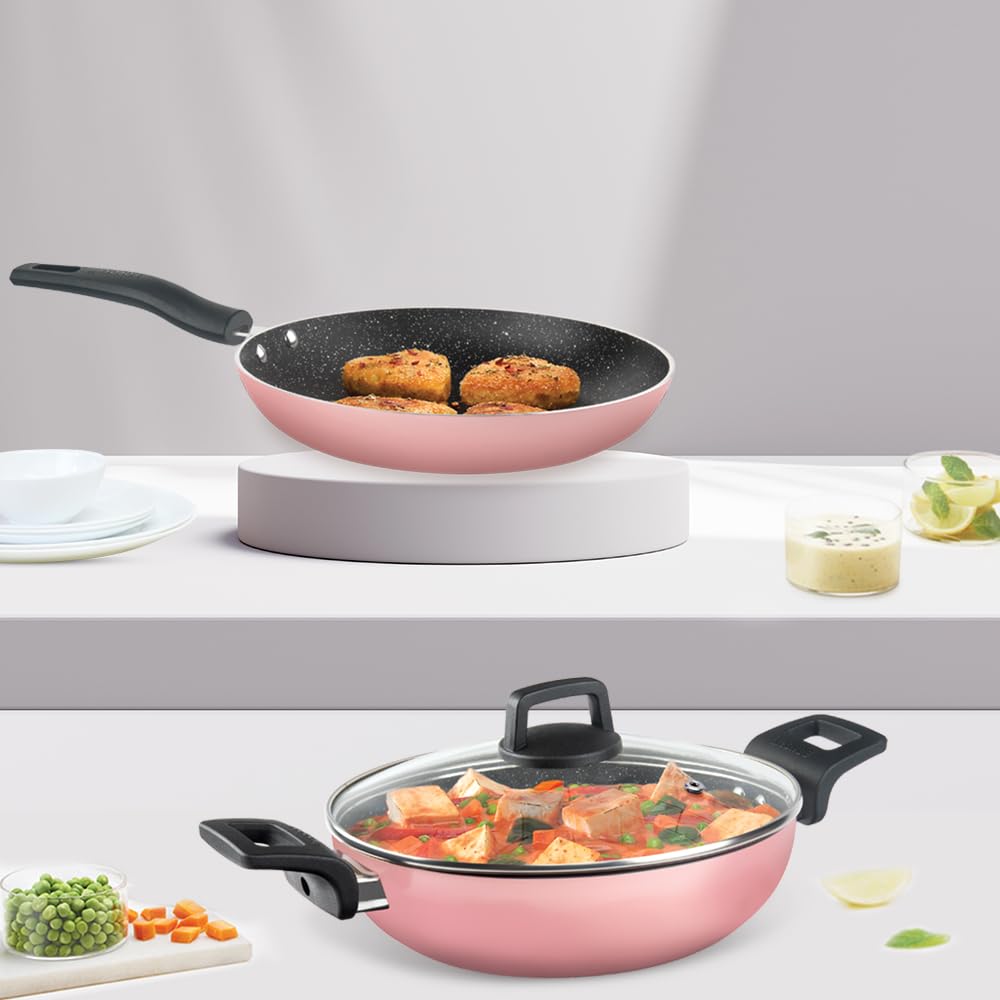 Borosil Festive Glory Non-Stick Set of 3 Kadhai (24 cm), Fry Pan (24 cm) & 1 Lid, Gas Stove & Induction Compatible, Metal Spoon Friendly, Pink Exterior, Stir Fry Pan, Prantha Tava, Kadai for Deep Fry-image-27