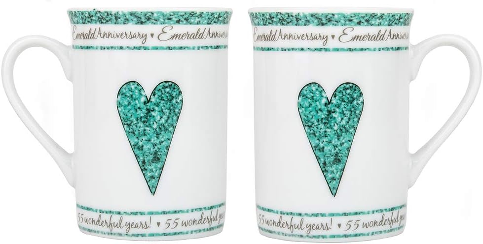 Beautifully Designed 55th Emerald Wedding Anniversary Set of Ceramic Mugs with Hearts | Dishwasher and Microwave Safe with Decorative Keepsake Box by Happy Homewares