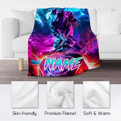 Hockey Blankets, Personalized Boys Blanket for Kids, Custom Ice Hockey Gifts, Cozy Flannel Throw for Bedroom & Living Room, 60"x80"
