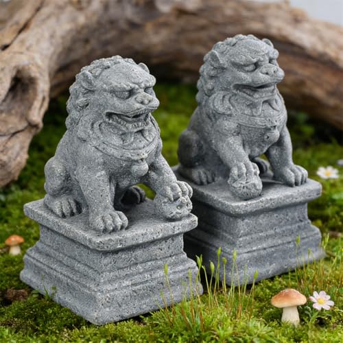 Image of livelyfish Asian Fu Foo Dogs Statues A Pair of Two Guardian Lion Sandstone Figurine Pets Fish Tank Aquarium Landscape Ornaments Garden Feng Shui Decorations, M