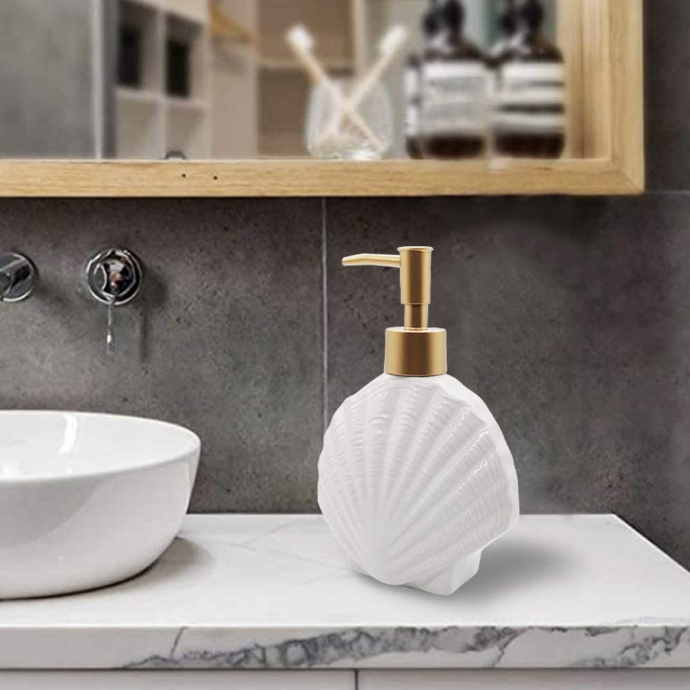 Dispensador de jabón en forma de concha, botella de loción de cerámica blanca con bomba dorada mate, decoración del hogar para baño y cocina 4