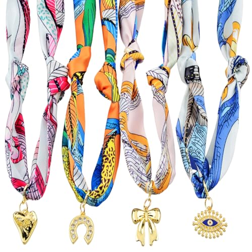 Scarf Necklace with Charm 4pack Silk Styling Scarf Charm Necklace for Women Bandana Necklace with Charms Adjustable Tie Statement Choker Jewelry for Birthday Mothers Day Christmas Teacher Lady