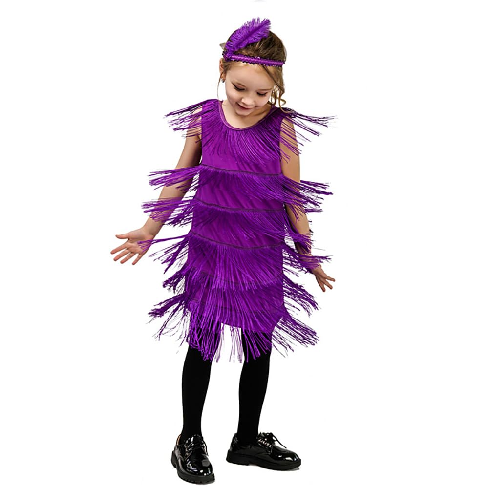 Photo 1 of Roaring 20s Flapper Dresses for Girls 1920s Gatsby Kids Sparkly Sequin Latin Dance Dress Flapper Fringed Dresses with Feather Headband Tiered Tassels Fringe Dress Salsa Ballroom Dancewear Purple 4-6