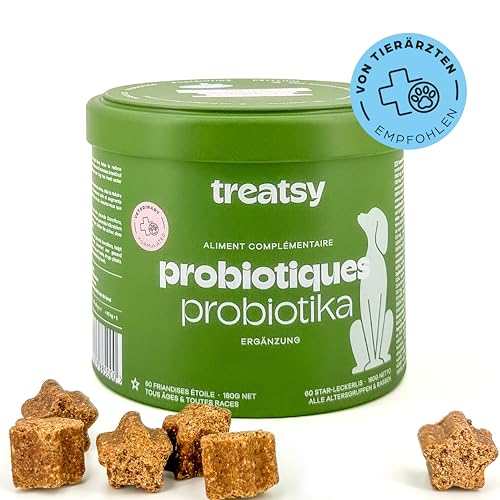 Treatsy Futterergänzungsmittel für Hunde Verdauung - Gegen Durchfall & Verstopfung - Präbiotika, Probiotika, Postbiotika, Psyllium - Von Tierkliniken empfohlen - 60 Hähnchen-Leckerlis