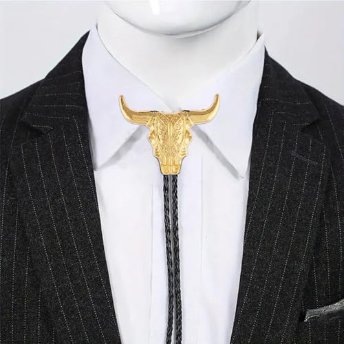 Image of GelConnie Longhorn Bull Bolo Tie for Men Native American Western Cowboy Leather Necktie Bolo Necklace for Women Gold Texas