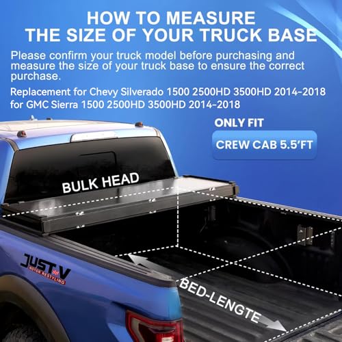 Image of Just-V Hard Tri-Fold Truck Bed Tonneau Cover for Chevy Silverado 1500 2500HD 3500HD, for GMC Sierra 2014-2018 Only Fit Crew Cab 5.8 FT Bed, Upgrade Solid FRP Textured Black