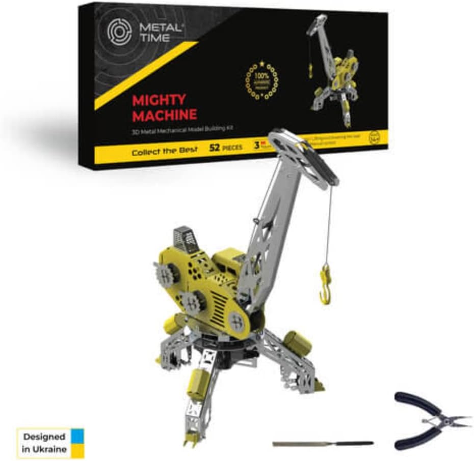 METAL-TIME MIGHTY MACHINE CRANE, Crane Machine Model, Metal Machine Crane Model, 3D Puzzle Building Crafts, Collectible Figurine, Stainless Steel DIY Construction with Toolbox, 52 Pieces.