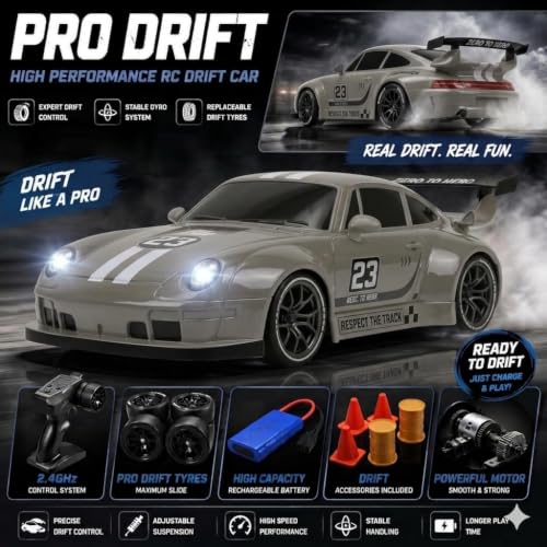 Image of Royal Cellar RC Drift Car 1:24 Scale 4WD | 20KM /H High-Speed Remote Control Car with LED Lights | 2.4GHz Rechargeable Drift Racing Car with Extra Tires & Cones | Gift Boys & Girls (POR)
