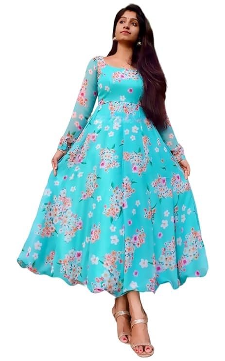 Image of DIGAMBARA Digital Floral Printed Georgette Anarkali Gown for Women, Ethnic Wear, Printed Maxi Length Gown, Round Neck Half Sleeve, Perfect for Festival, Party and Wedding, Sky Blue