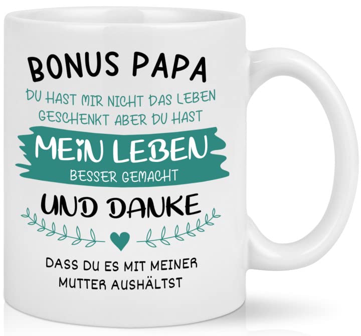 Bonuspapa Tasse – Geschenk Für Stiefvater, Beidseitig Bedruckt, 330 Ml, Spülmaschinenfest (Weiß & Schwarz)