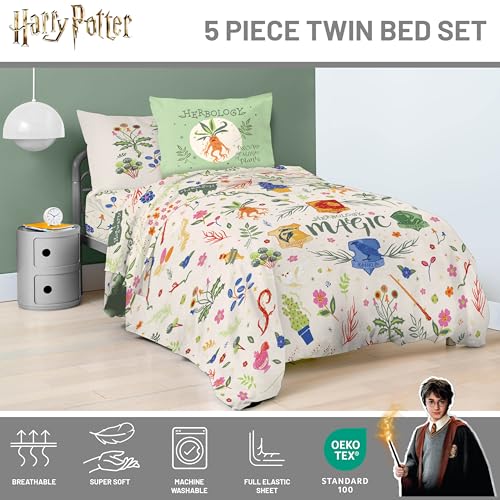 Image of Harry Potter Twin Comforter Set 5 Piece Soft Floral Bedding, Multi | Herbology, Bed in a Bag, Comforter Sheets Sham Pillowcase, Official Product, Soft Microfiber, Machine Washable, Easy Care
