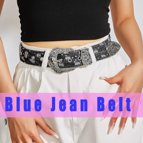 Image of Ursumy Women Denim Waist Belt Blue Jean Belt Butterfly Waist Belt Y2K Belt for Jeans Pants Ladies Cowgirls Cowboys Belt