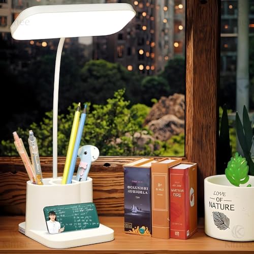 Image of Kimee Rechargeable LED Desk Lamp with Pen Holder & Phone Stand - Touch Control Study Lamp for Students, 3 Color Modes, Flexible Gooseneck, Eye-Care Table Lamp for Kids, Office & Home Work (White)