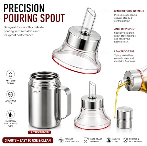 Image of Stainless Steel Oil Dispenser for Kitchen | 1 Litre | No Spilling Return Ventilation Hole | Dust-Proof Cap | Anti-Leak Design | Easy Clean Wide Mouth Oil Bottle for Cooking