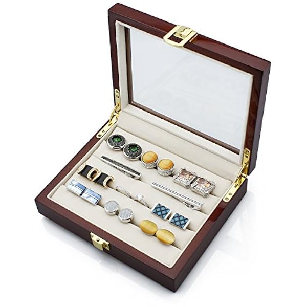 HAWSON Joyero de madera con anillo superior de cristal organizador de almacenamiento para hombres y mujeres, color marrón