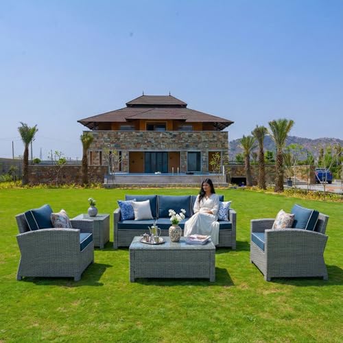 Image of OUTLIVING Outdoor Sofa Set || Patio Furniture Sets || Balcony Sofa || Indoor Sofa || Wicker Rattan Garden Sofa Set with Cushion and Center Table (5 Seater,Grey with Navy Blue Cushions)