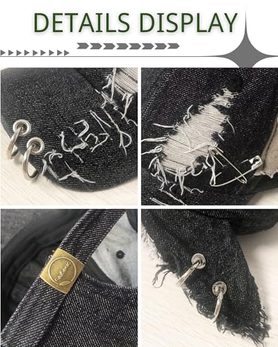 Image of CORIRESHA Cute Bunny Hat with Ears Y2k Grunge Metal Iron Ring Chain Distressed Denim Baseball Cap