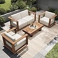 Sophia & William HDPE Patio Furniture Set?Modern Outdoor Sectional Sofa Set with 9.8" Cushions and 43.5" Wood Grain Coffee Table, Deep Seating Outdoor Conversation Set for Backyard(Beige, 5 Pieces)