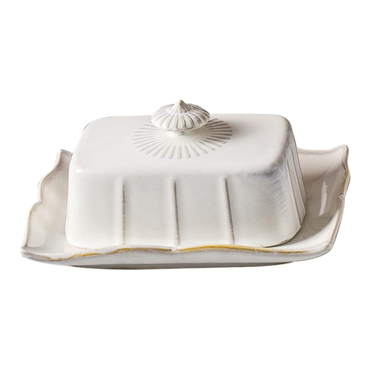 Ceramic Butter Dish with Lid for Countertop Butter Tray with Lid Butter Holder Container with Handle Cover, Decorative Dessert Dish Plate, Dishwasher Safe, White, 1 Set