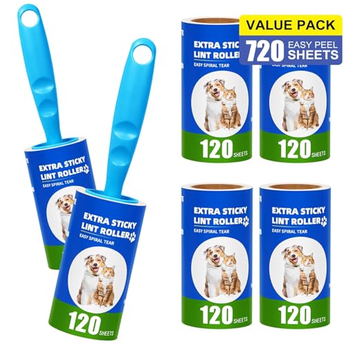 Omtofo 720 Fogli Spazzola Levapelucchi 6 Rotoli + 1 Manico, Rullo Adesivo Togli Peli Animali, Lint Roller, Rullo Levapelucchi per Vestiti, Capelli, Pelo di Cane, Pelo di Gatto, 120 Fogli/Rotoli