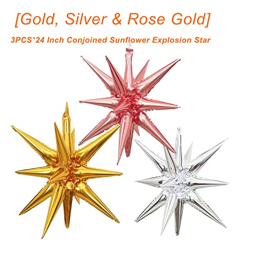 4D Silver Gold Disco Ball Balloons 22 Inch Sunflower Explosion Star 24 Inch - Pack Of 15 Conjoined Aluminum Foil Balloons For Birthday, Wedding, 70S, 80S, 90S Disco Theme Party #TOP3