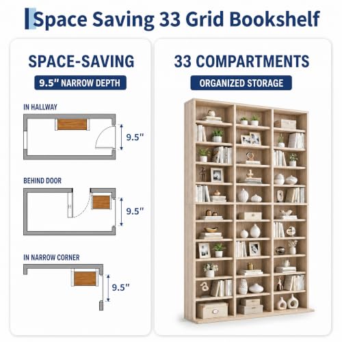 Image of Garvee 11 Tier Tall CD Display Cabinet, 33-Compartment Media Tower, Natural