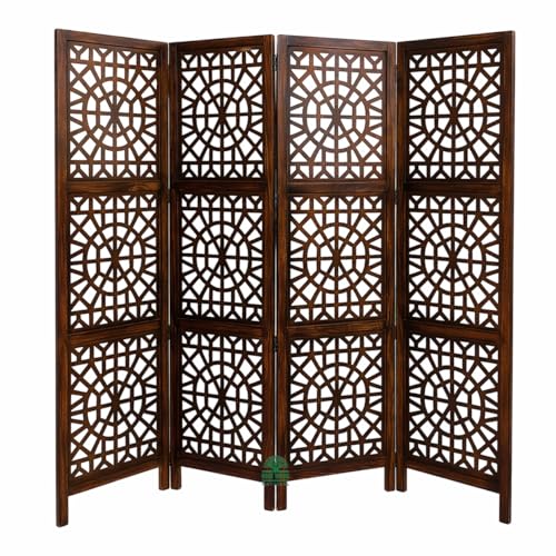 Image of Wooden Room Divider 6 Feet, 4-Panel Folding Wooden Partition for Living Room, Office, Pooja Room, Restaurant, Kitchen & Balcony (2W x 1.82H Meters). (Brown-Circle Lattice)